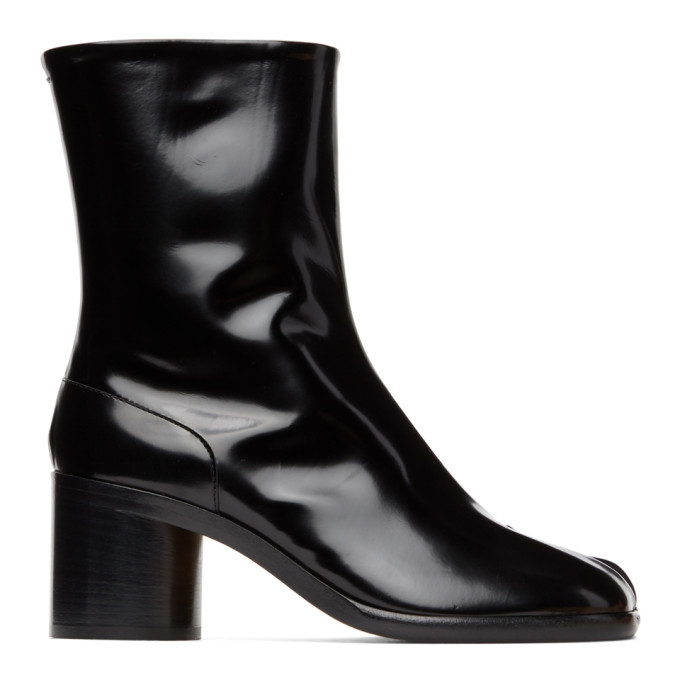 black patent tabi boots