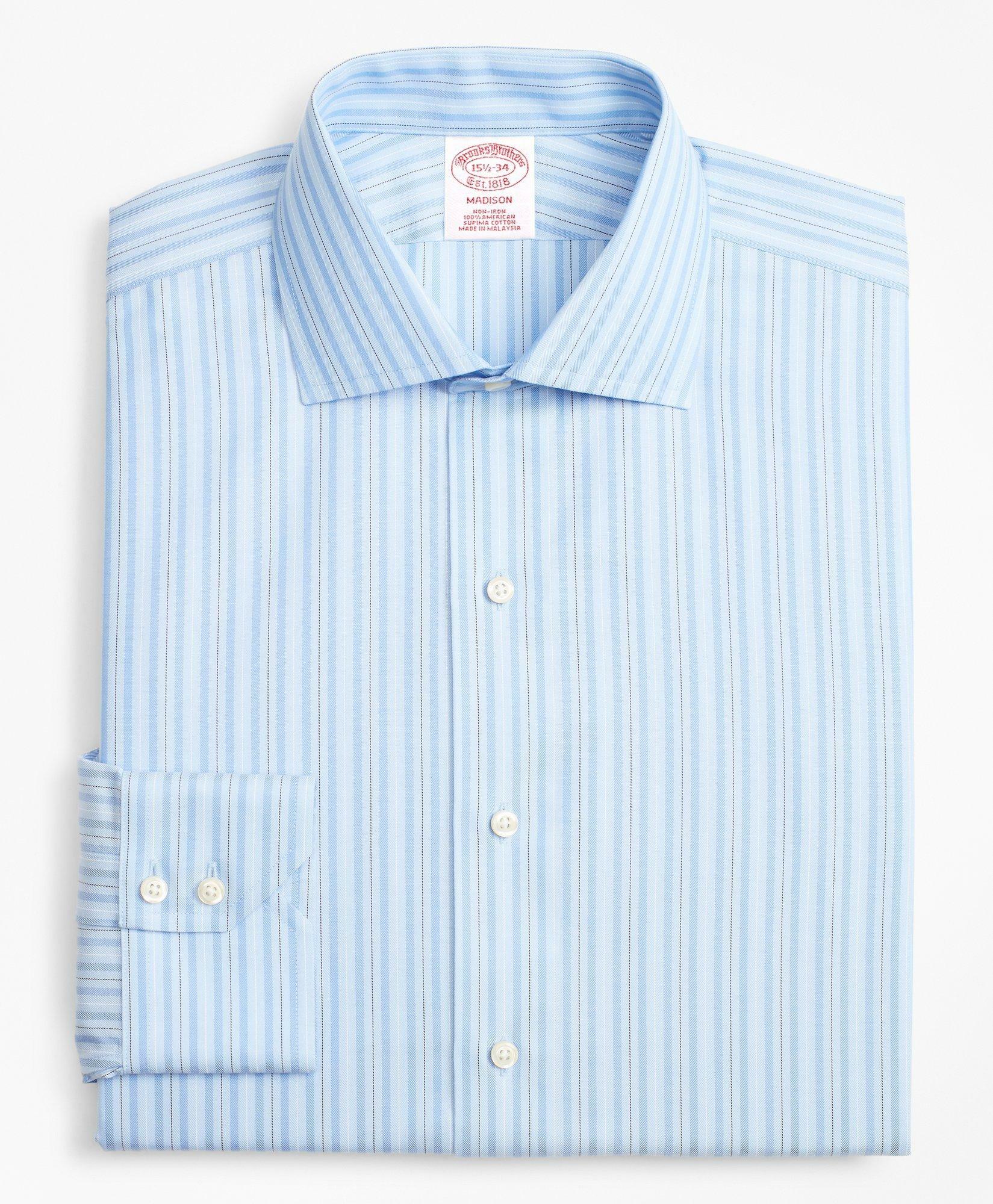 Brooks Brothers Men's Madison Relaxed-Fit Dress Shirt, Non-Iron Alternating Ground Stripe | Light Blue