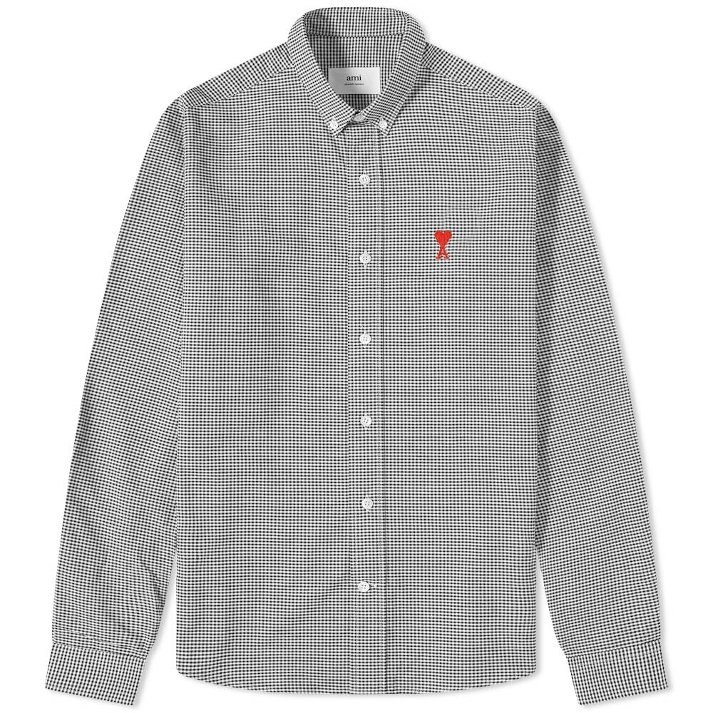 AMI Men's Button Down Logo Gingham Oxford Shirt in Black/White AMI