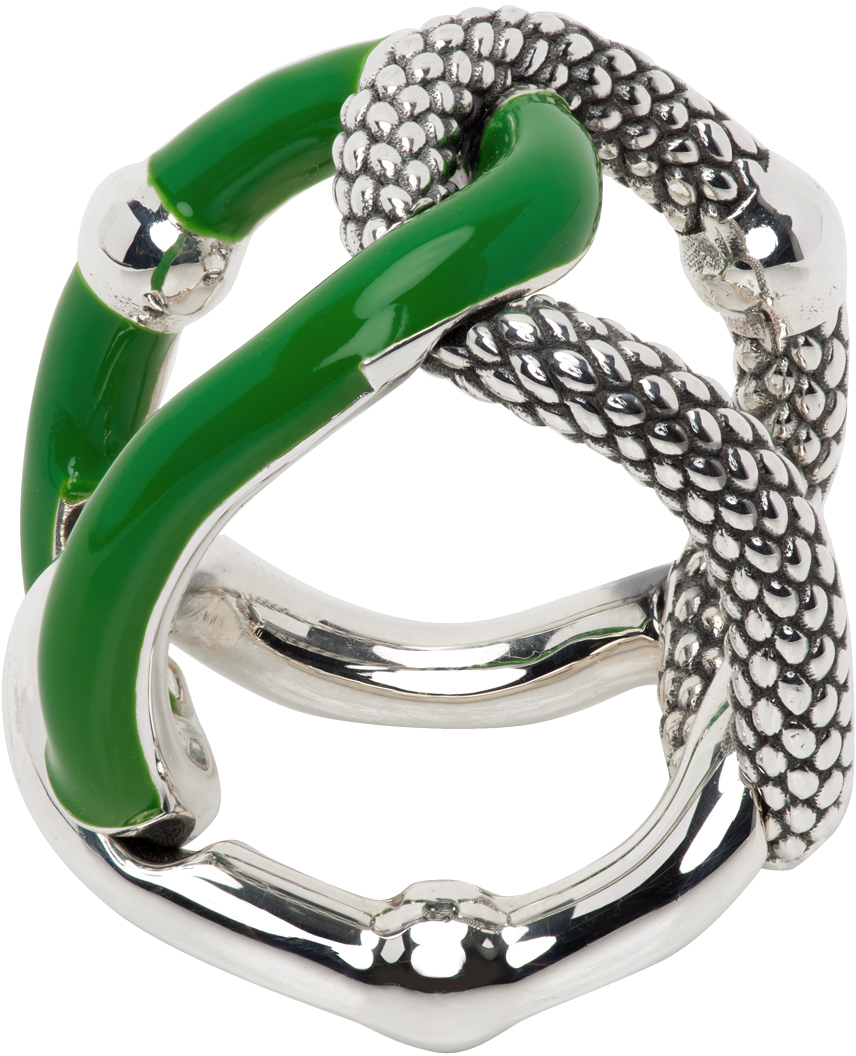 Bottega Silver & Green Intreccio Chain Ring Bottega