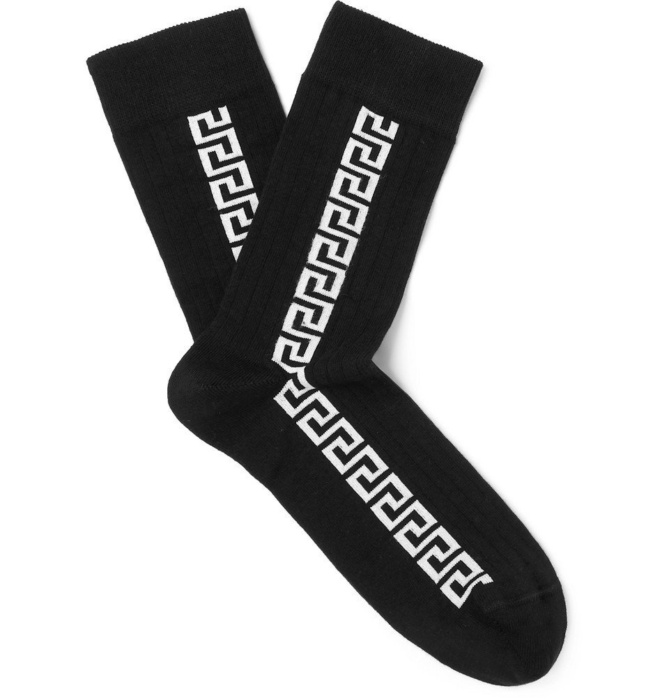 Photo: Versace - Logo-Jacquard Ribbed Stretch Cotton-Blend Socks - Black