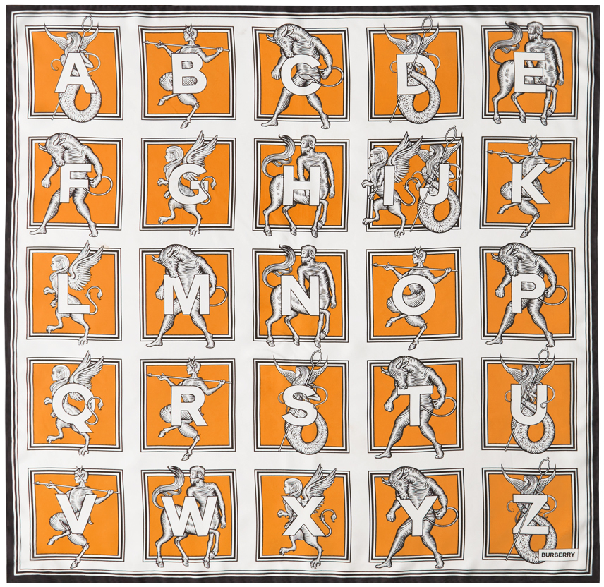 Burberry Orange Mythical Alphabet Square Scarf Burberry
