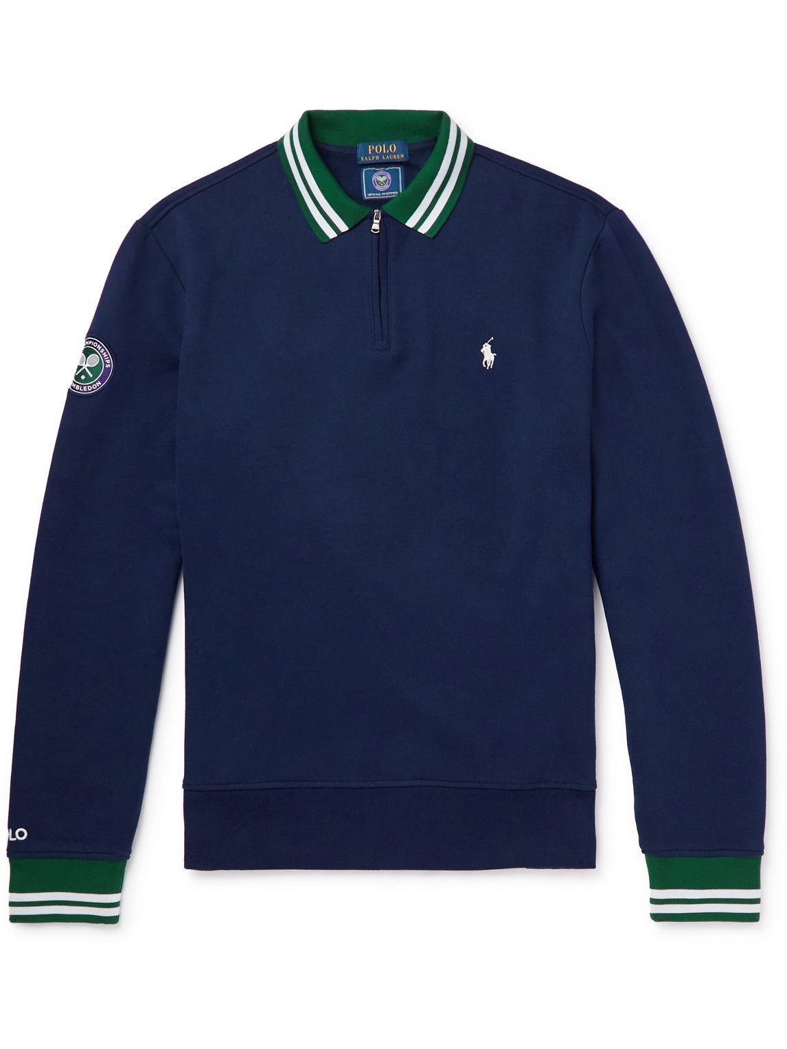 Photo: Polo Ralph Lauren - Wimbledon Logo-Embroidered Cotton-Blend Jersey Half-Zip Sweatshirt - Blue
