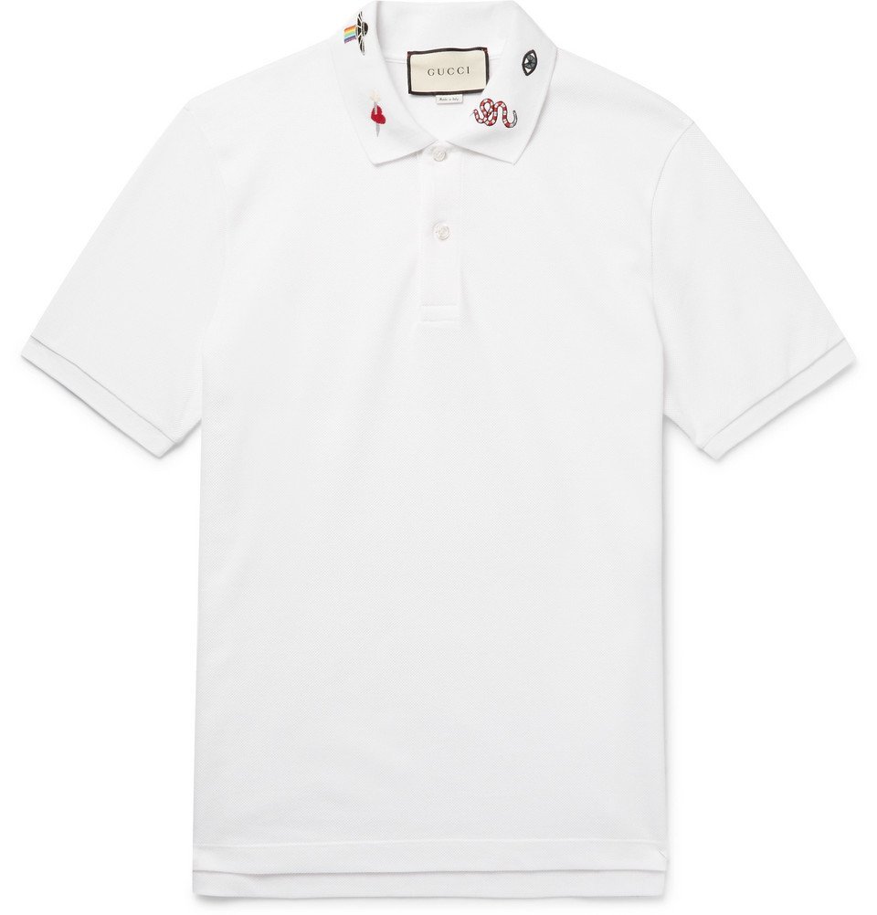 Gucci - Embroidered Stretch-Cotton Piqué Polo Shirt - Men - White Gucci