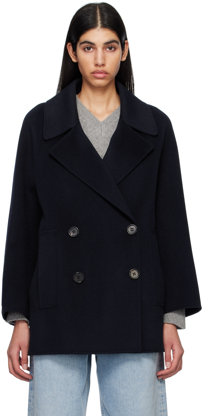 S Max Mara Navy Double-Breasted Peacoat S Max Mara