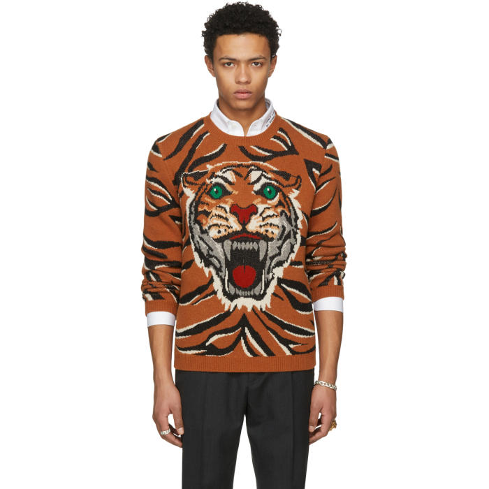 Gucci Orange Guccy Tiger Intarsia Sweater Gucci