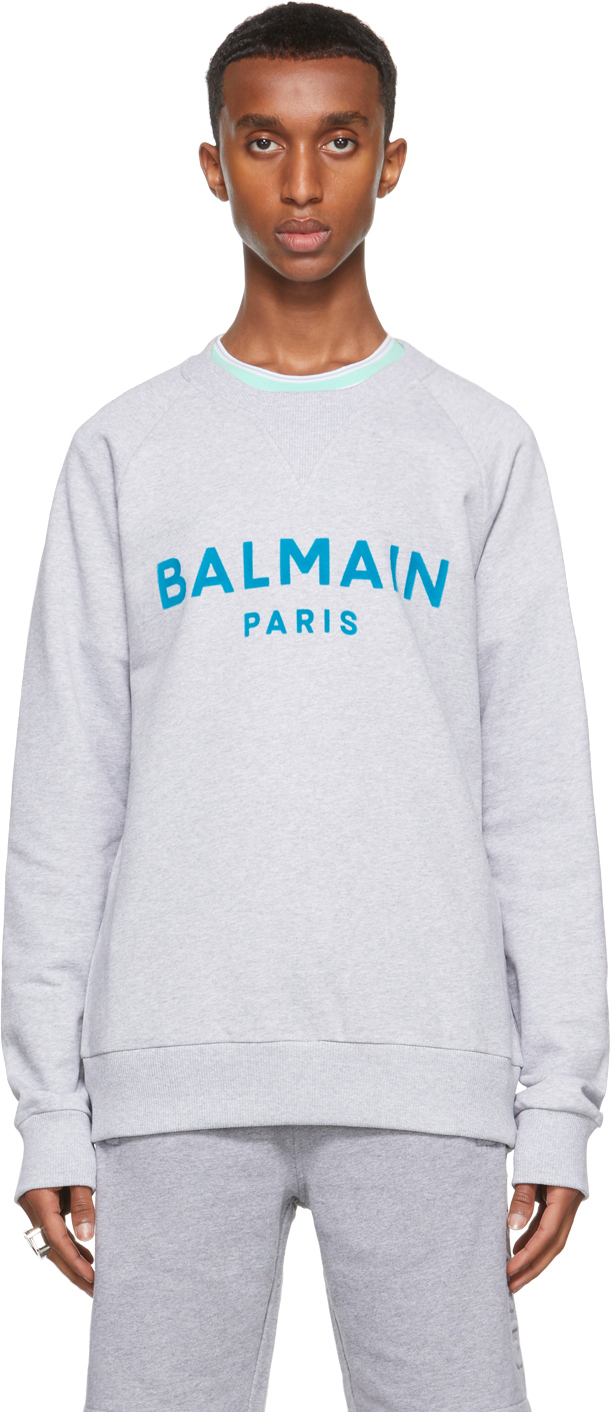 Balmain Grey & Blue Flocked Logo Sweatshirt Balmain