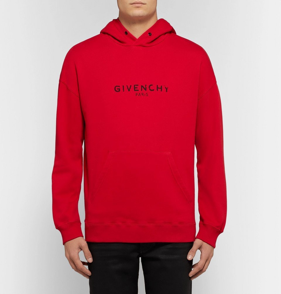 Givenchy - Distressed Logo-Print Loopback Cotton-Jersey Hoodie - Men - Red  Givenchy