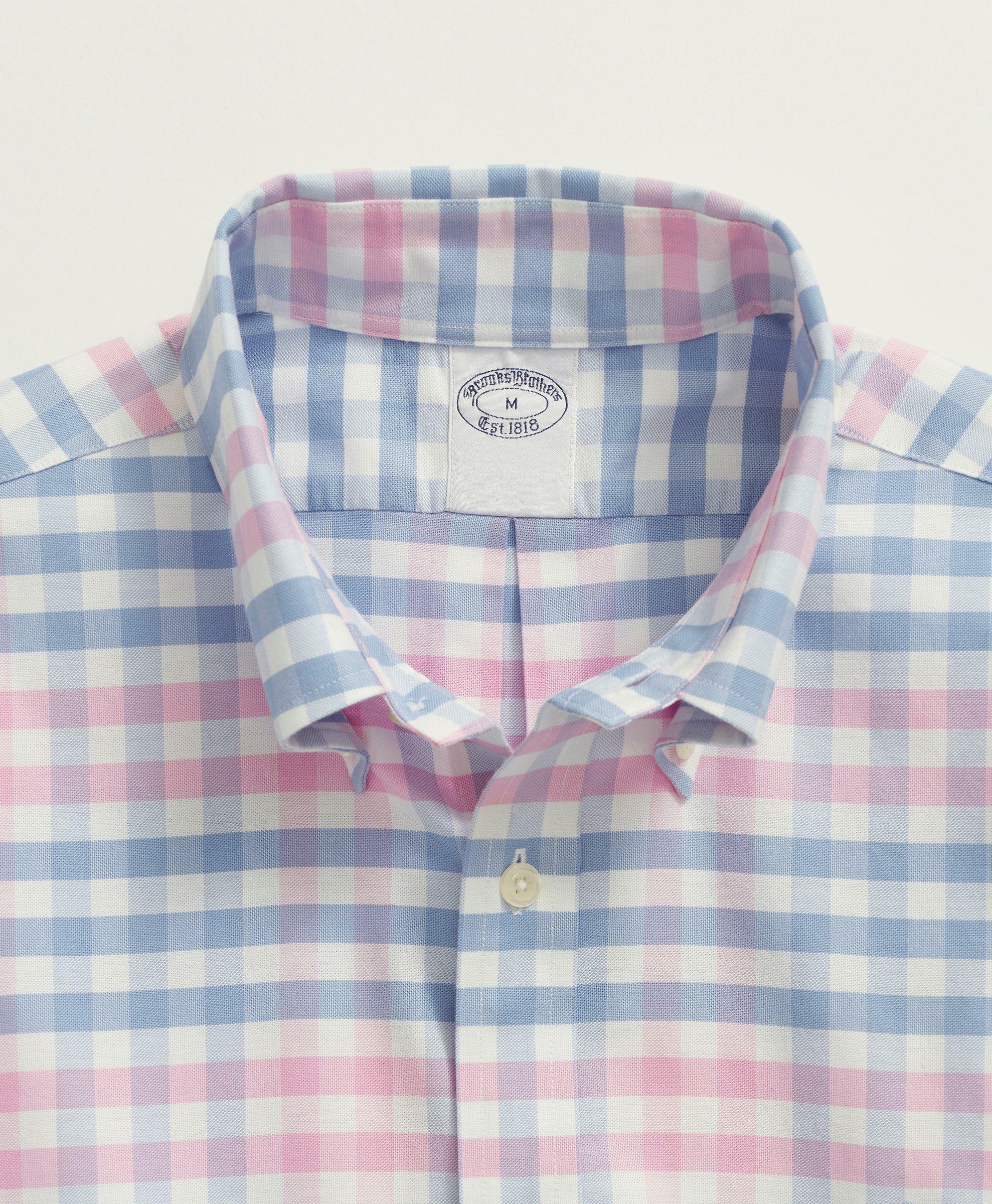 Brooks Brothers Men's Stretch Non-Iron Oxford Button-Down Collar, Multi-Gingham Sport Shirt | Light Blue