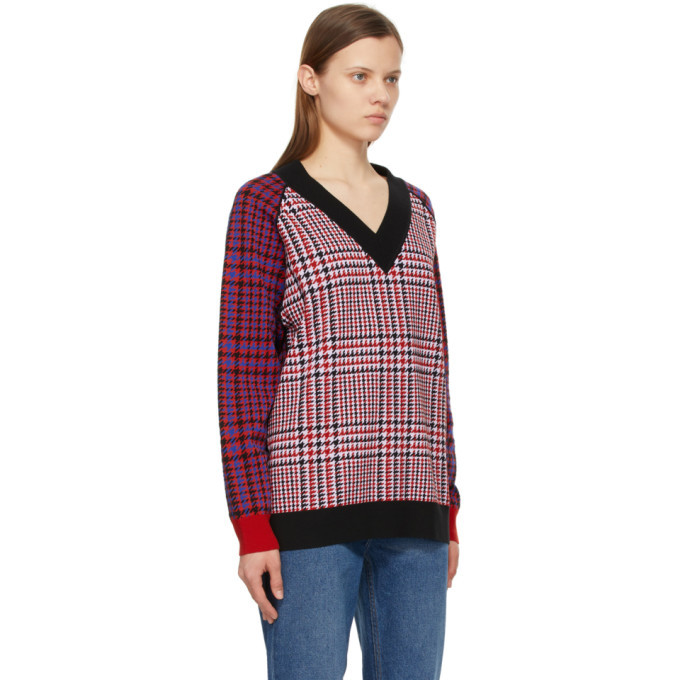 Burberry Red and Black Wool Houndstooth Check V-Neck Sweater Burberry